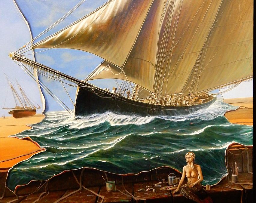 Eine Malerei mit einem Schiff und einer Nixe.