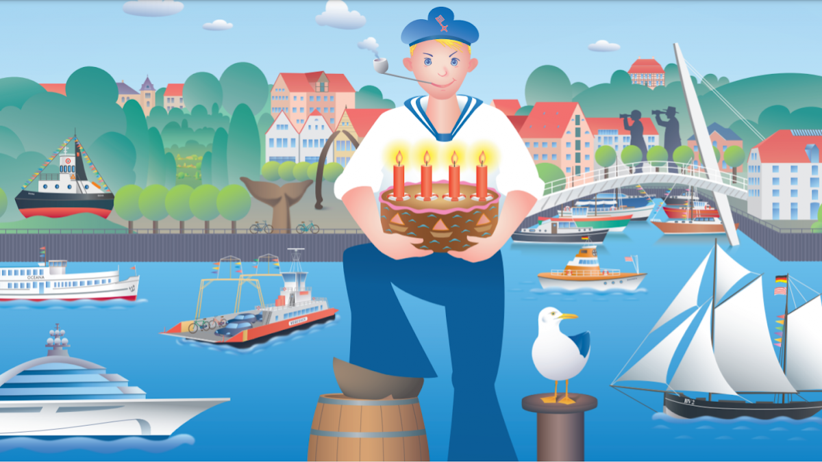 Grafik mit dem Vegescaker Jungen, der einen Geburtstagskuchen in der Hand hält. Hinte r hm sieht man den Vegesacker Hafen