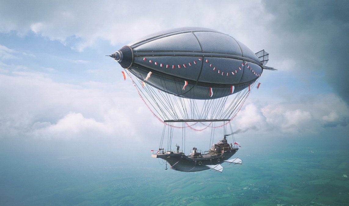 Ein Schiff hängt an einem Ballon und fliegt durch die Luft