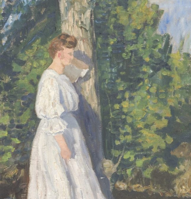Gemaltes Bild zweigt das Kindermädchen von Fritz Overbeck, welches draußen an einem Baum lehnt