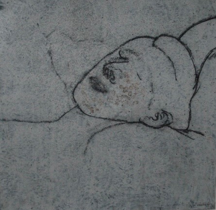 Zeichnung von einem Kopf, der auf einem Kissen zu liegen scheint