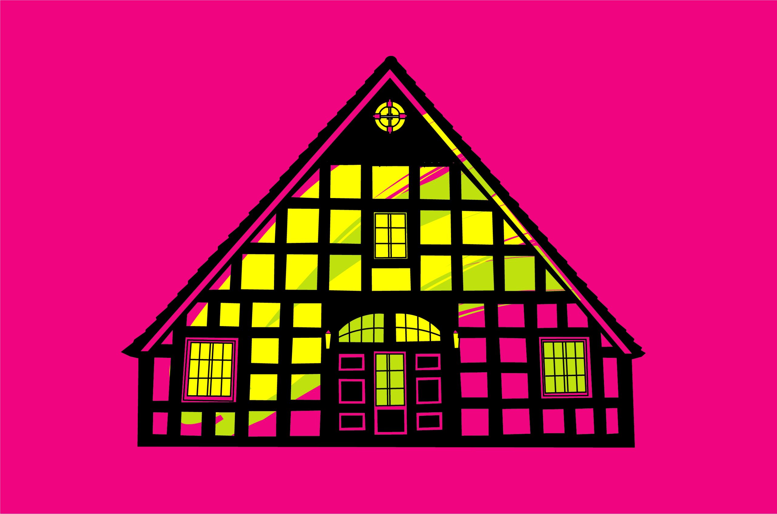 Gezeichnete Front eines Fachwerkhaus auf pinkem Hintergrund.