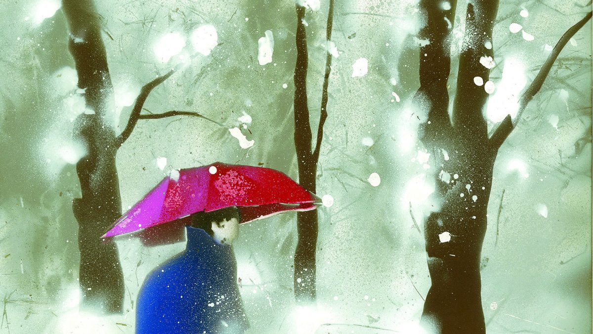 Gemaltes Bild zeigt eine Person mit einem lila Regenschirm, die im Schneegestöber unterwegs ist