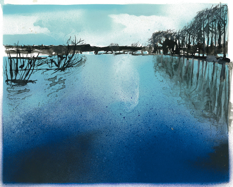 Überschwemmte Wiesen, gemaltes Landschaftsbild
