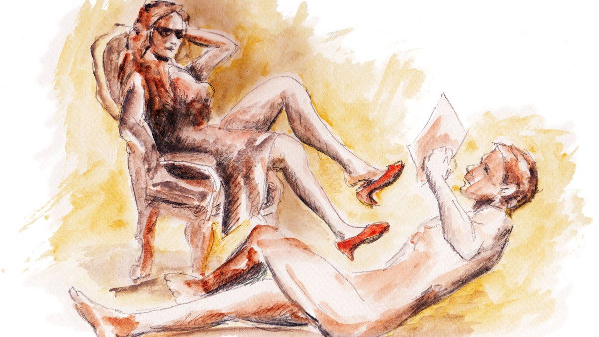 Skizze von zwei Menschen. Eine Frau sitzt auf einem Stuhl und hat Ein Kleid und rote Schuhe an und ein nackter Mann liegt auf dem Boden.