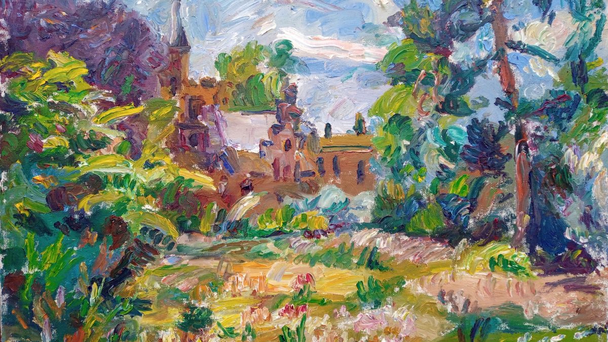 Gemaltes Bild von Wätjens Schloss, eingebettet die die bunten Farben des Parks