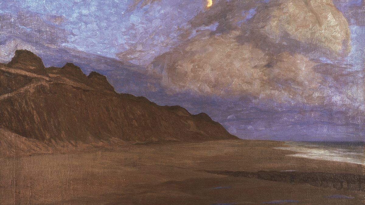 Gemälde, welches Strand und Dünen bei Nacht zeigt. Am Himmel ist eine Mondsichel zu erkennen.