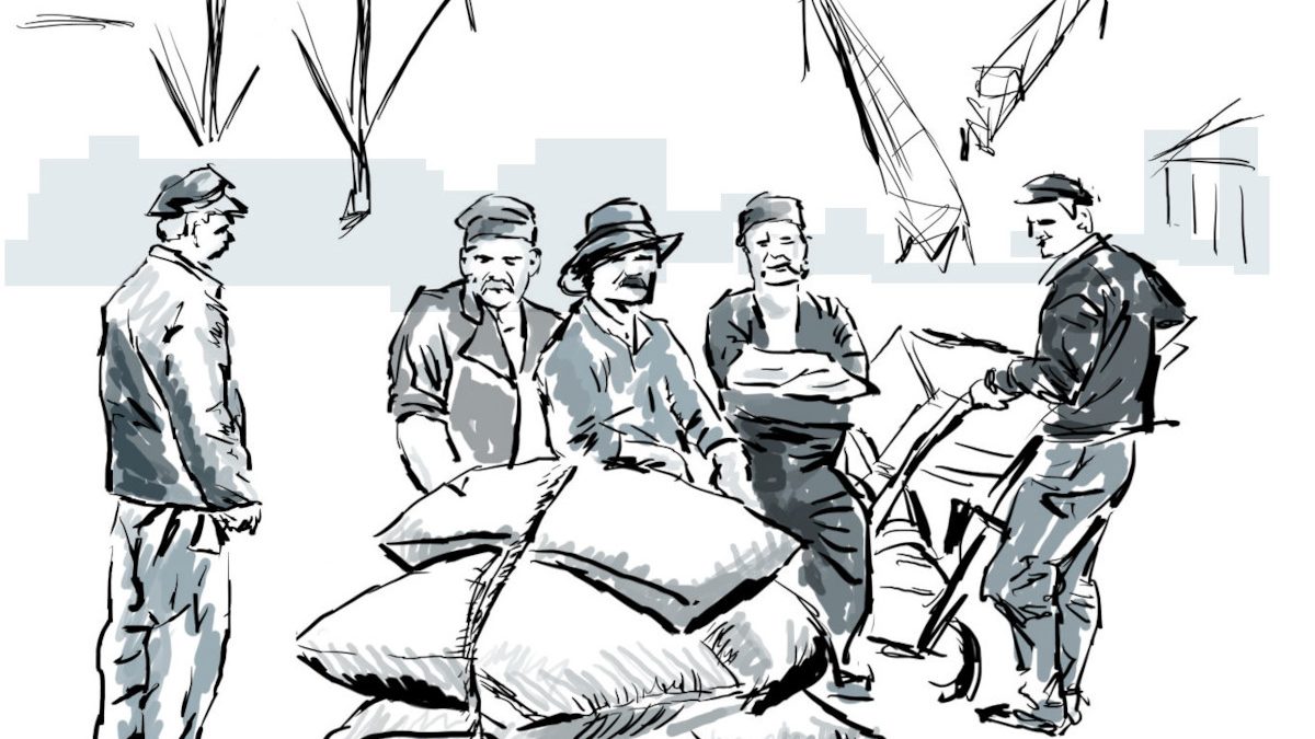 Eine Zeichnung zeigt mehrere Männer, die vor ein paar großen Säcken sitzen. Einer der Männer hat eine Sackkarre.