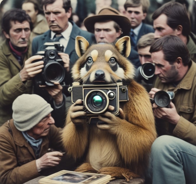 Viele Männer stehen in einer Traube zusammen und halten Kameras in der Hand. In der Mitte sitz ein Waschbär ähnliches Tier, welches auch eine Kamera in den Pfoten hält.
