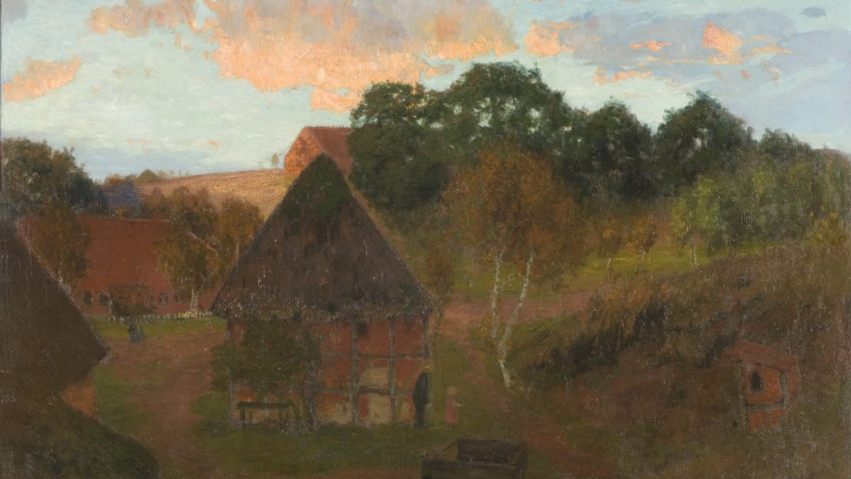 Gemälde zeigt ein Haus auf dem Land in der Abenddämmerung