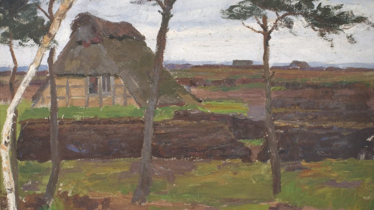 Gemälde, was ein Fachwerkhaus umgeben von einer Moor-Landschaft zeigt.