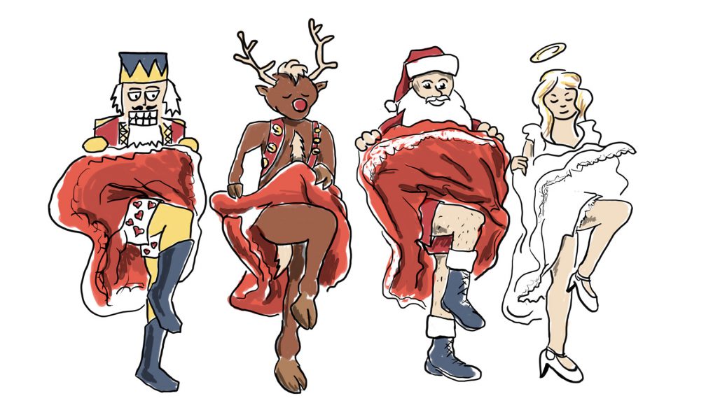 Zeichnung auf der ein Nusskacker, ein Rentier, ein Weihnachtsmann und ein Engel tanzen.