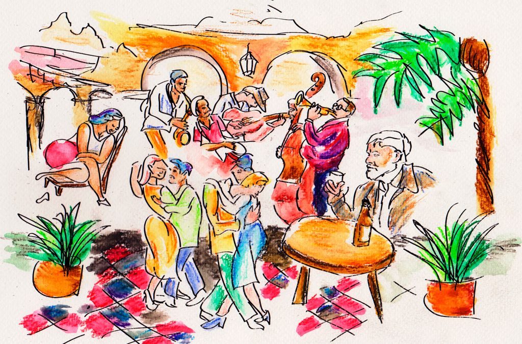 Karikatur von einer bunten Party in den Tropen