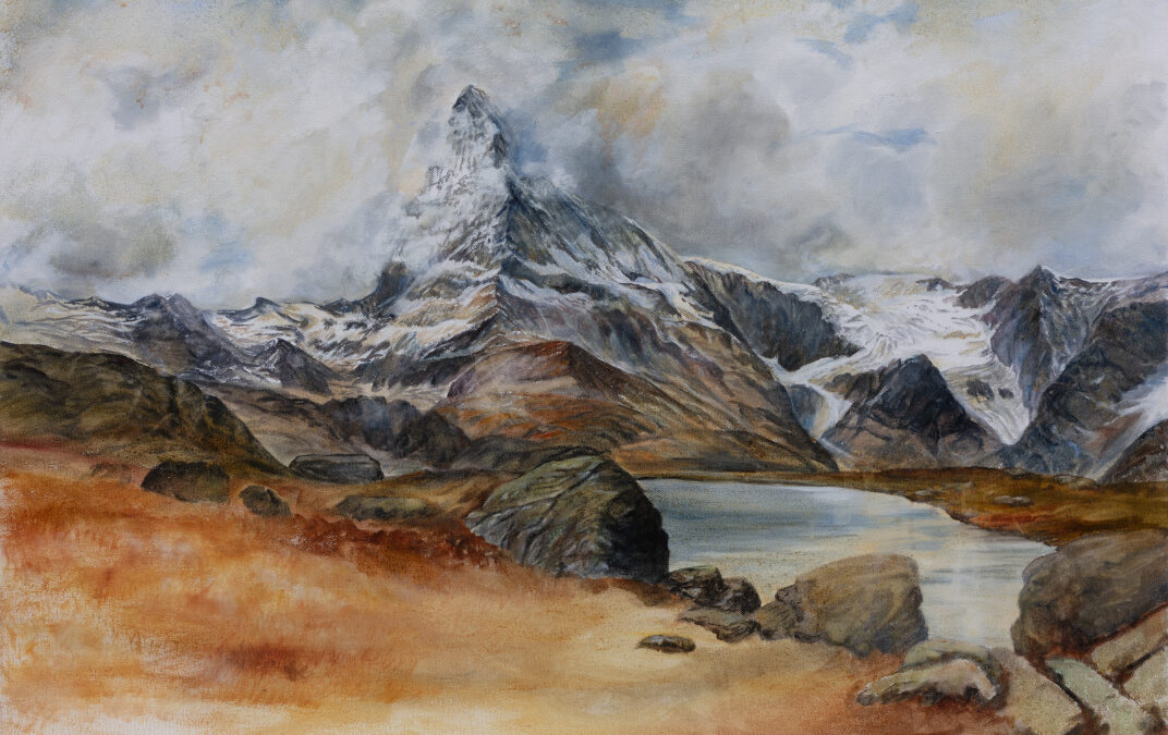 Gemälde zeigt steinige Berglabdschaft